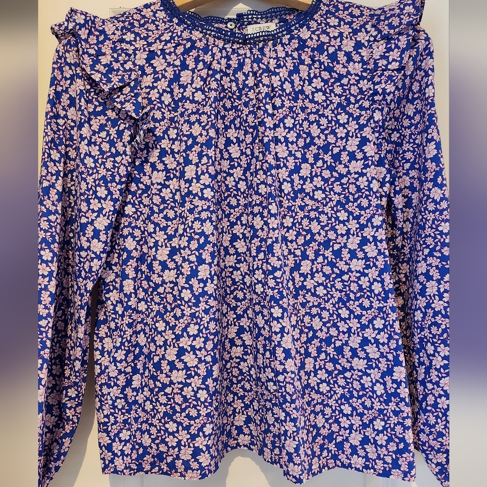 J. Crew Factory Blue Floral Ruffle Long-Sleeve Blouse